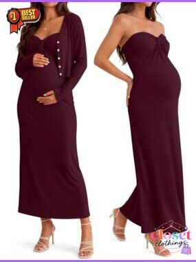 Maternity Maxi Dress Cardigan Set Women's Strapless Ruched Empire Waist